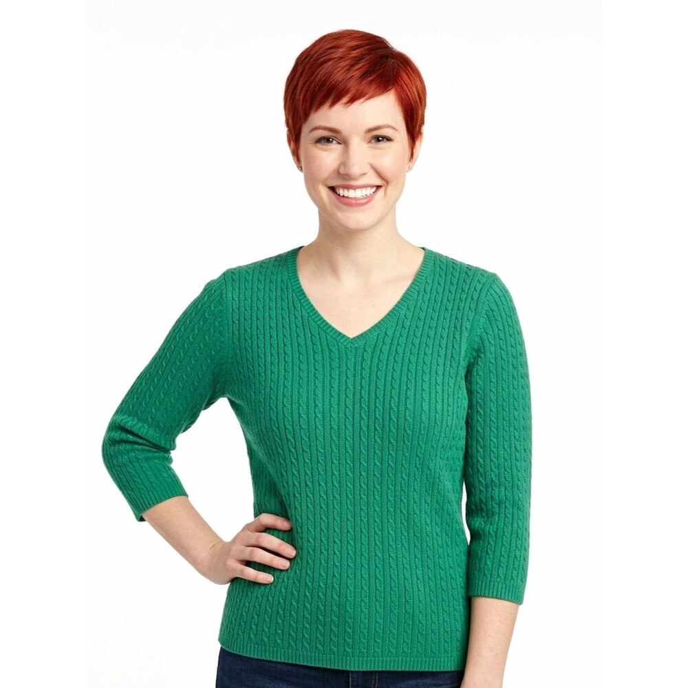 L.L.Bean Sweater Womens S Green Cable Knit V-Neck Pullover Regular 3/4 Slv